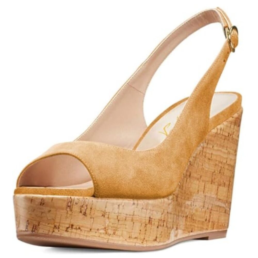 FOWT Women Peep Toe Slingback Platform Wedge Sandals High Heel Brown Shoe